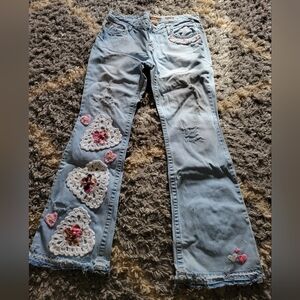 Embellished Aeropostale Jeans Denim 11/12R Hearts Galore Crochet Pinks White